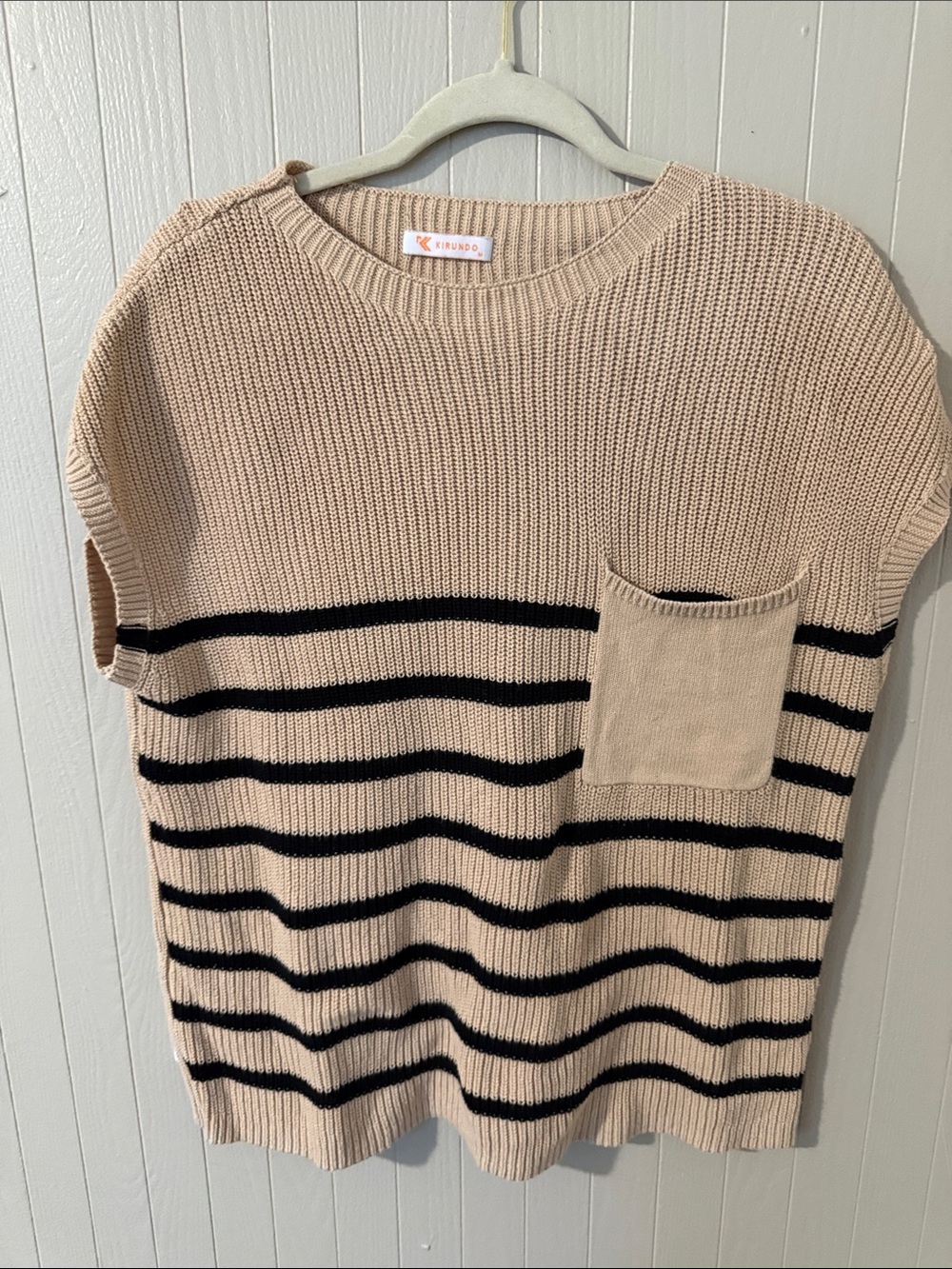 KruKroo Beige Scoop Neck Striped Sweater with Pocket